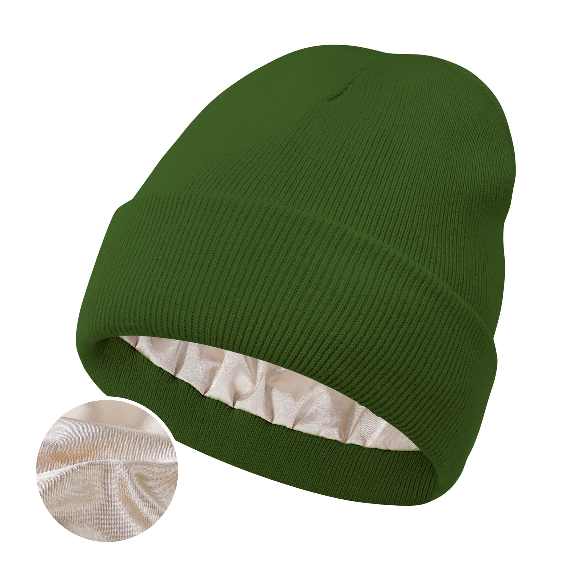 Satin Lined Winter Beanie Hats for Women Knit Beanie Hat Slouchy Skull Caps Silk Lining Unisex Hats Green