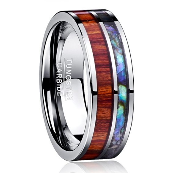 Sortija de Tungsteno y Diseño de Concha y Madera