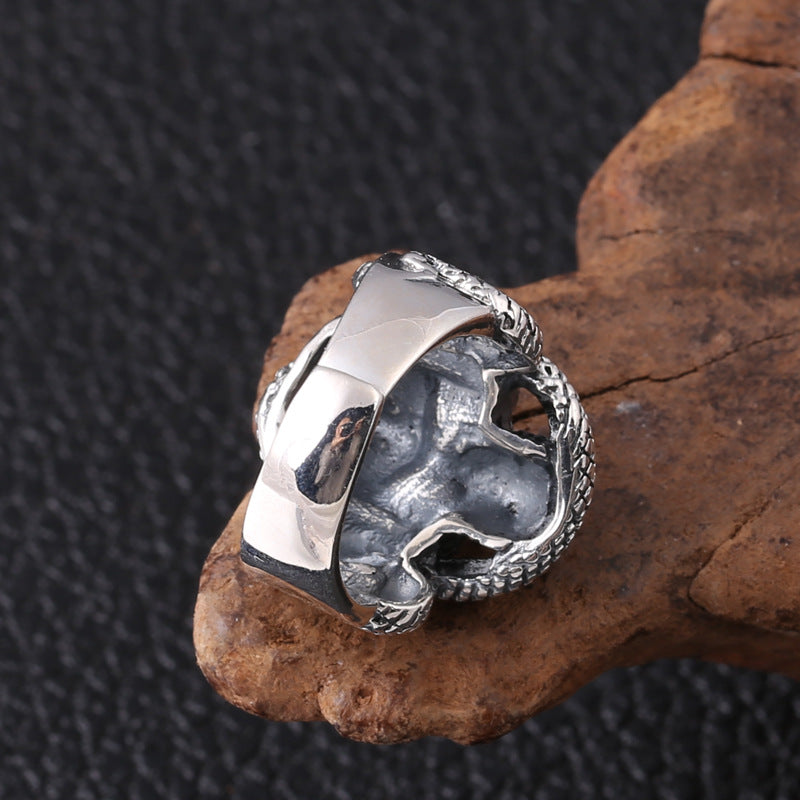 S925 Vintage Silver Skull Snake Men's Open Ring