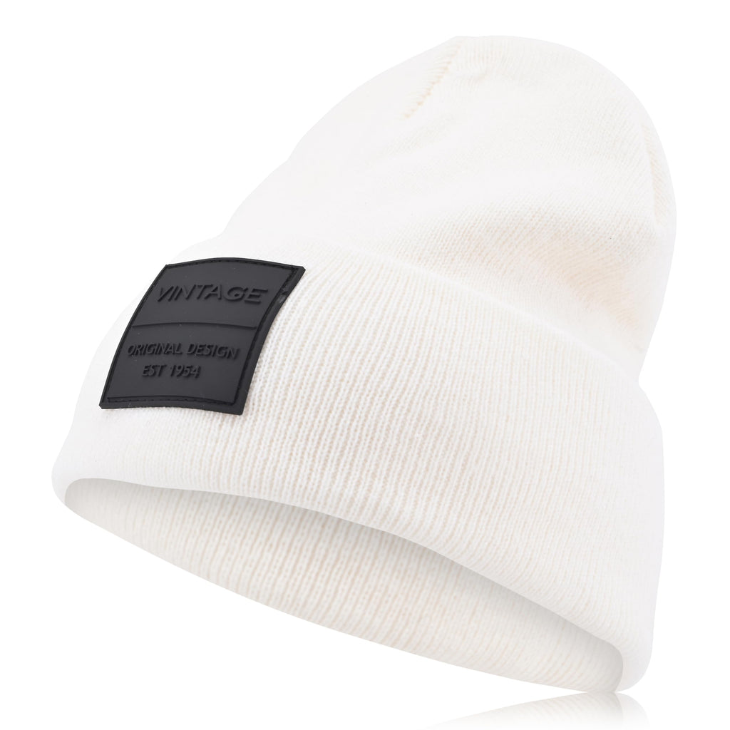 VINTAGE HAVANA Off White Beanie Hats Men & Women | Warm Winter Hat Knit Cuffed Beanies Unisex | Vintage Patch Beanie
