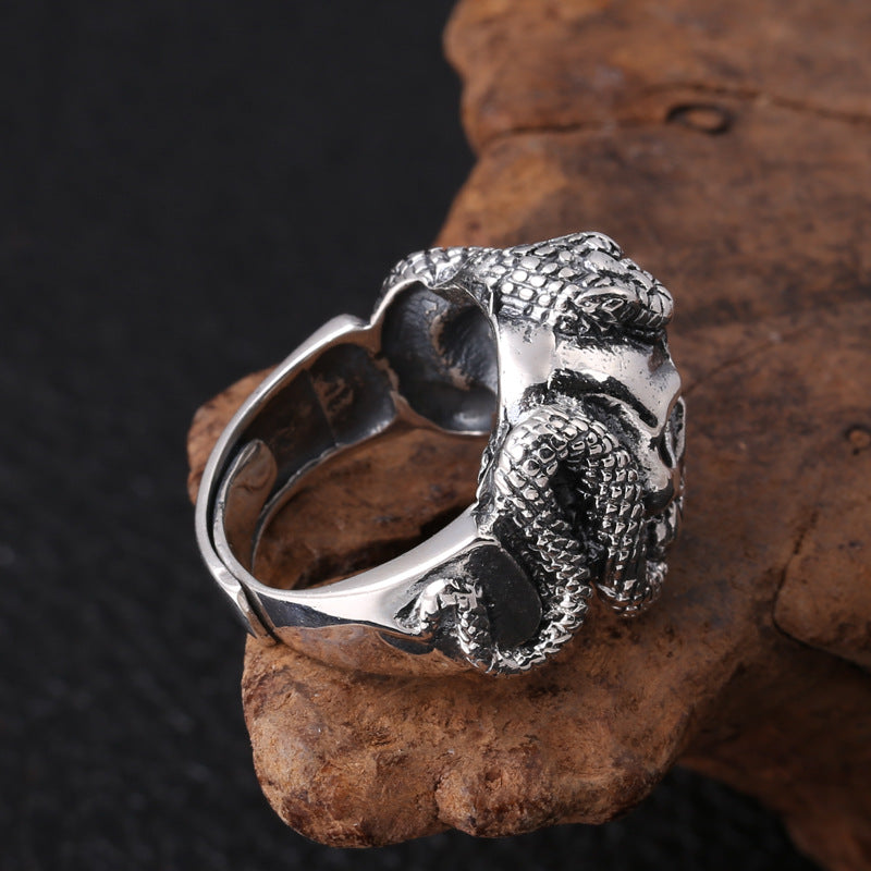 S925 Vintage Silver Skull Snake Men's Open Ring