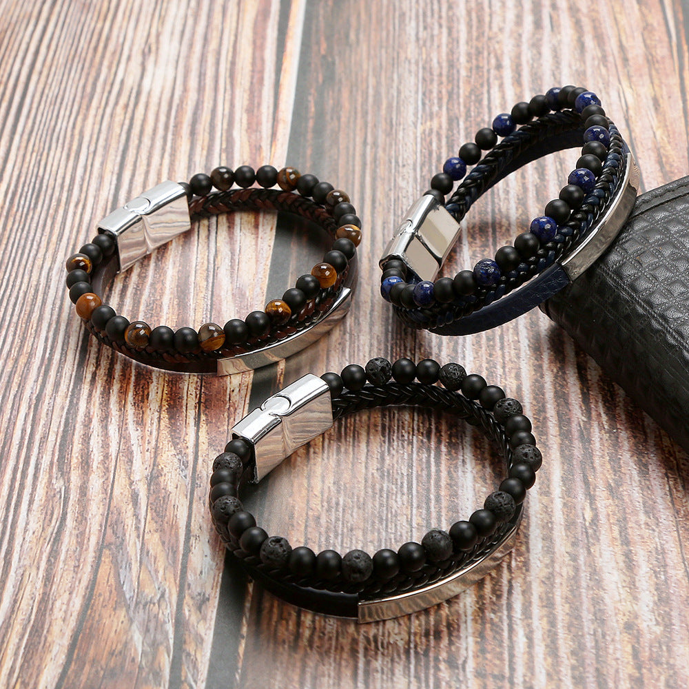 Men's Stainless Steel Leather Bracelet with Magnetic Clasp