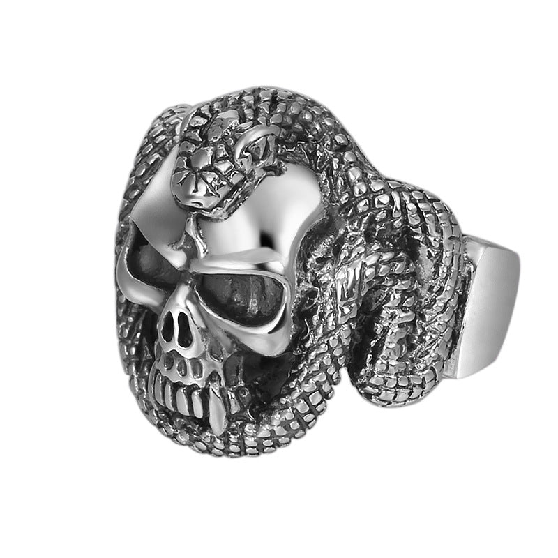 S925 Vintage Silver Skull Snake Men's Open Ring