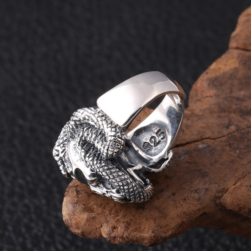 S925 Vintage Silver Skull Snake Men's Open Ring