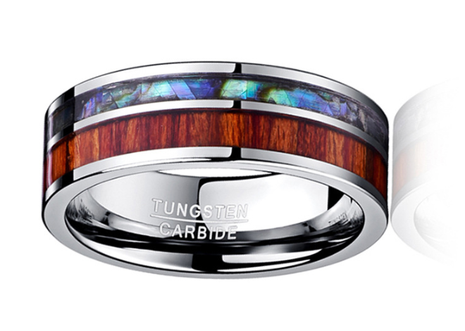 Sortija de Tungsteno y Diseño de Concha y Madera