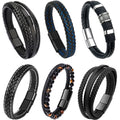 RIOSO 6 Piezas Pulseras de Cuero para Hombres, Pulsera Trenzada Multicapa de Acero Inoxidable y Cuero Negro