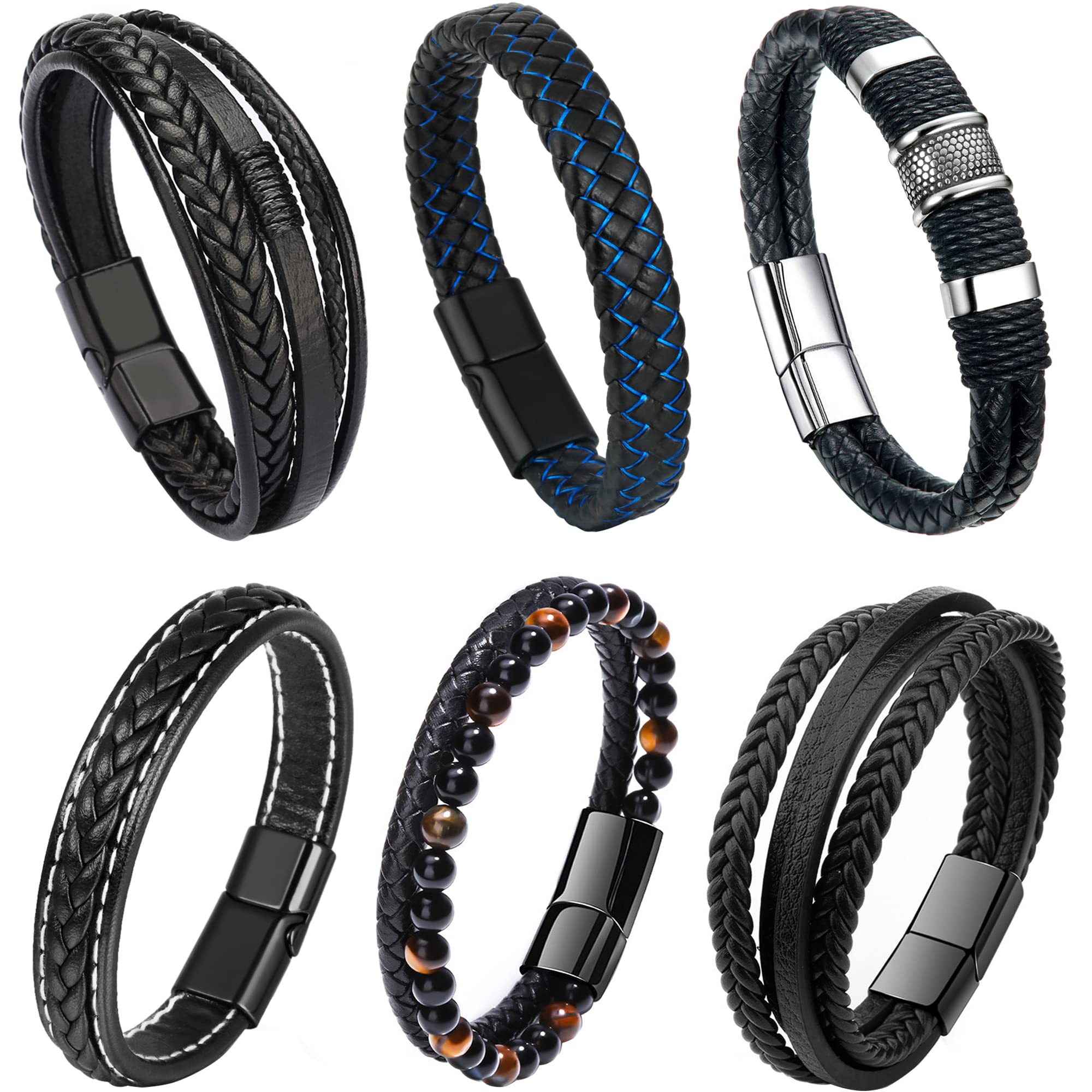 RIOSO 6 Piezas Pulseras de Cuero para Hombres, Pulsera Trenzada Multicapa de Acero Inoxidable y Cuero Negro