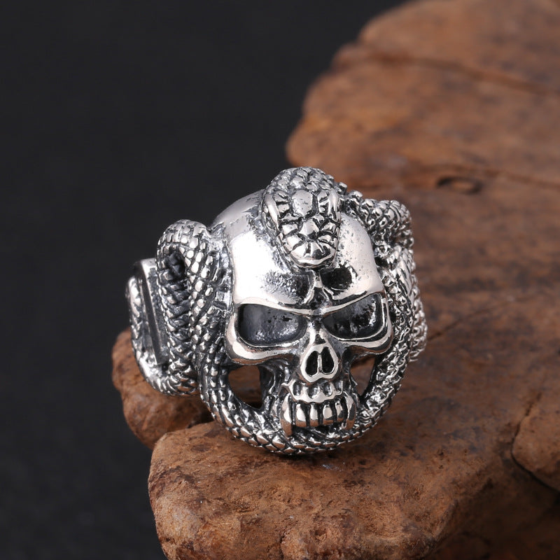 S925 Vintage Silver Skull Snake Men's Open Ring