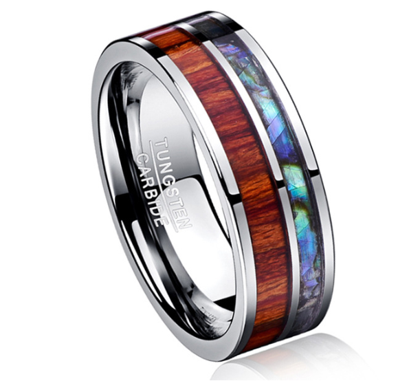 Sortija de Tungsteno y Diseño de Concha y Madera